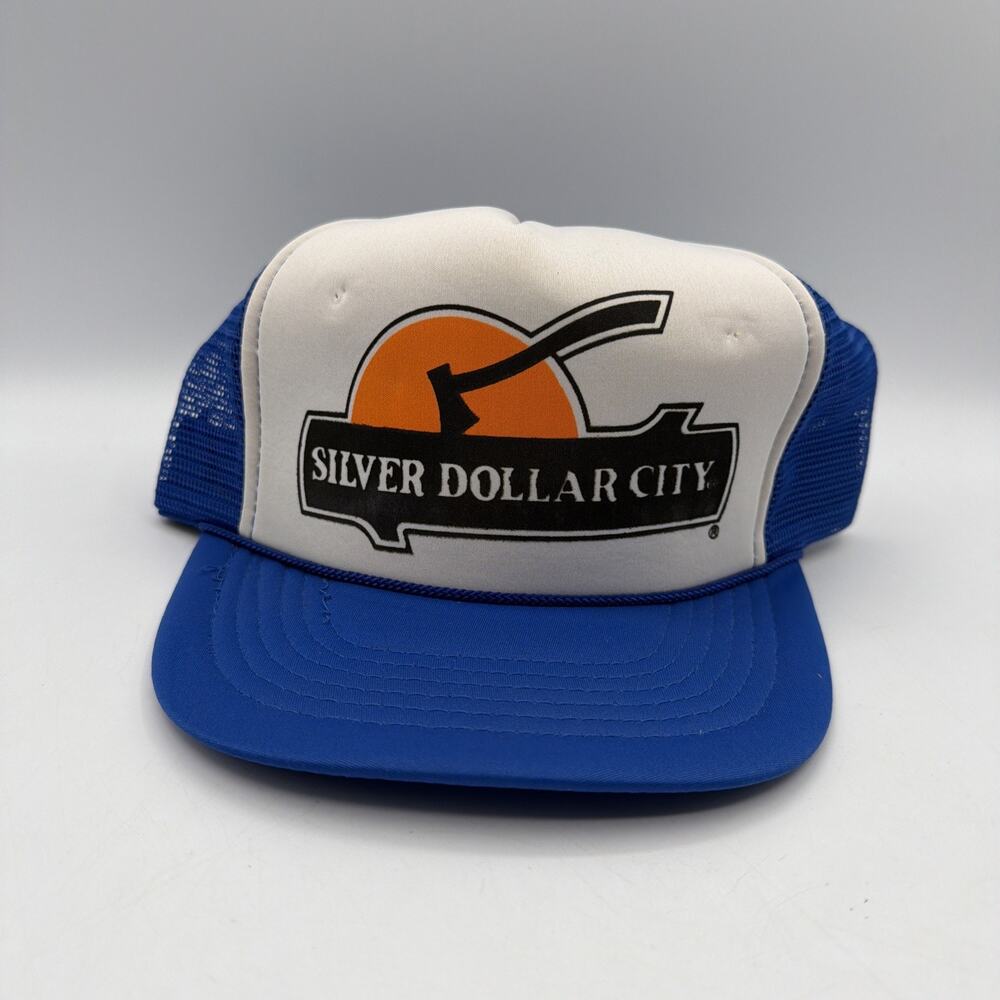 Vintage Silver Dollar City Hat Cap Snap Back Blue White Trucker Branson Missouri